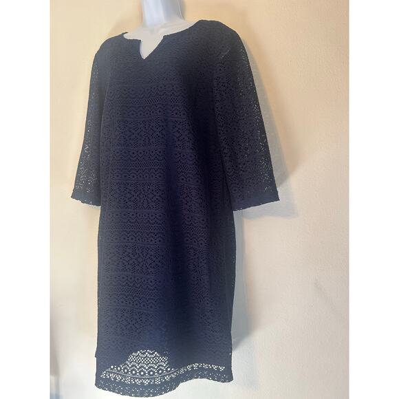 Chicos Dress Navy Blue Lace Overlay Sheath 3/4 Sleeve Notch V Neck Size 2 - Picture 3 of 13